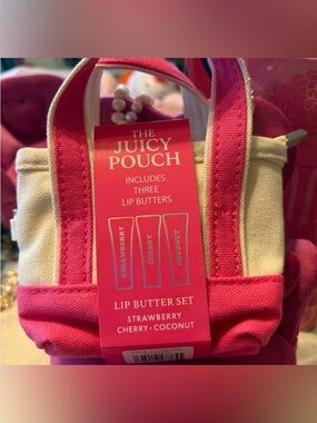 The Juicy Pouch Purse Charm w/ Lip Butter Set: Strawberry, Cherry, & Coconut